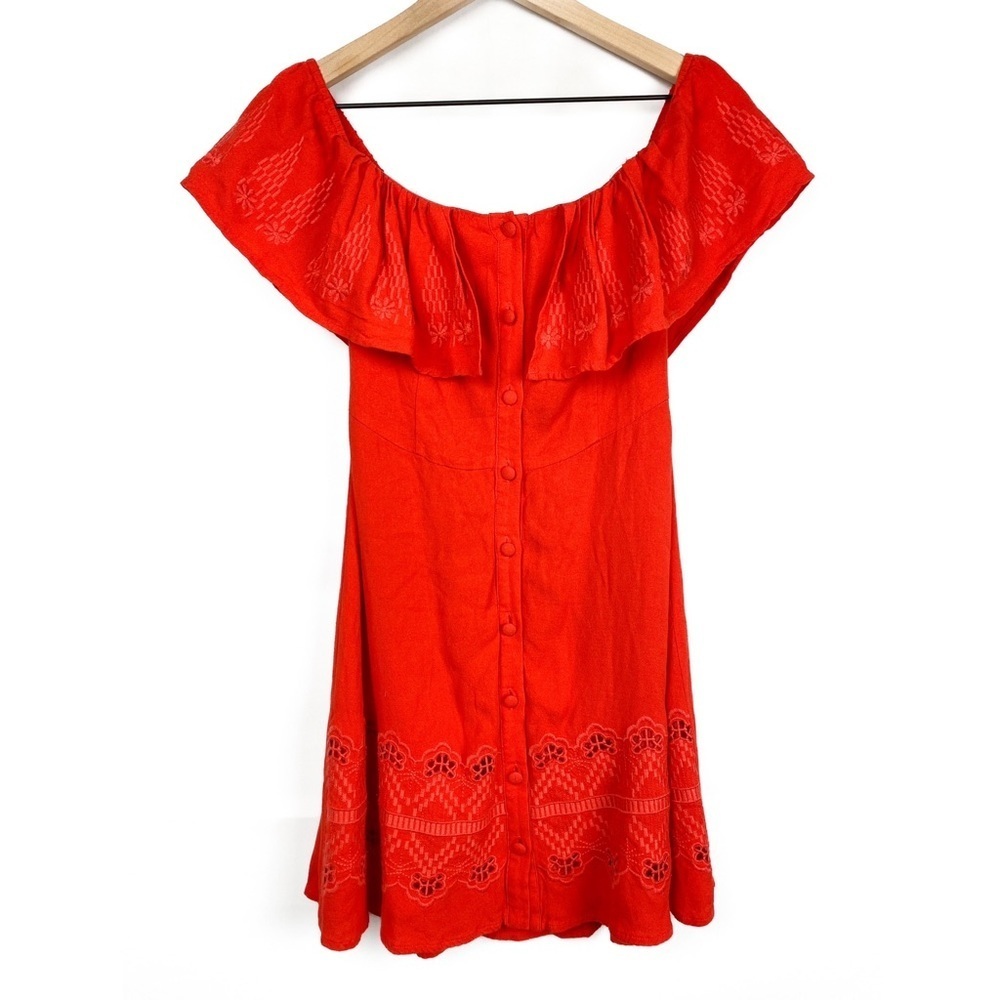 Womens Off The Shoulder Embroidered Minu Dress S Red Floral Ruffle Euro Summer